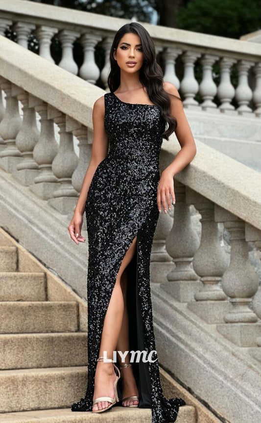 LP969 - Sheath One Shoulder Fully Sequins Black Sparkly Formal Prom Dress with Slit