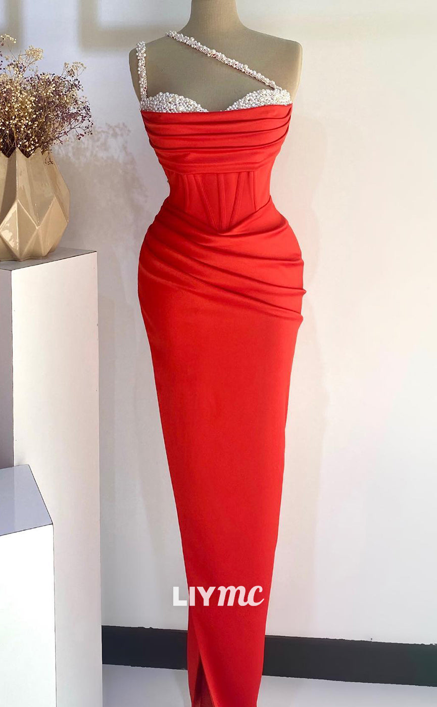 LP974 - One Shoulder Satin Ruched Pearls Red Mermaid Formal Prom Dress