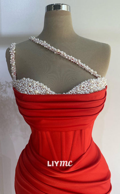 LP974 - One Shoulder Satin Ruched Pearls Red Mermaid Formal Prom Dress