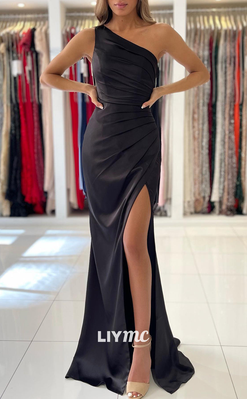 LP827 - One Shoulder Satin Pleated Mermaid Long Formal Prom Dress with Slit