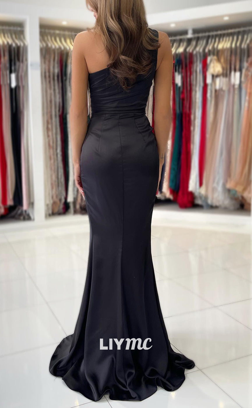 LP827 - One Shoulder Satin Pleated Mermaid Long Formal Prom Dress with Slit