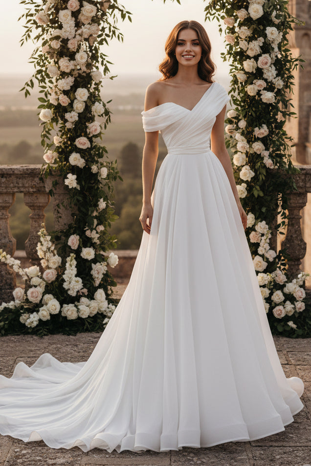 LW015 - A line One Shoulder Organza Simple Wedding Dress with Court Train