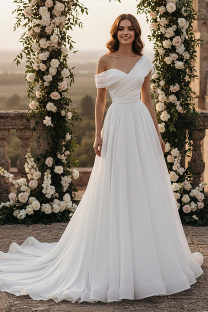 LW015 - A line One Shoulder Organza Simple Wedding Dress with Court Train