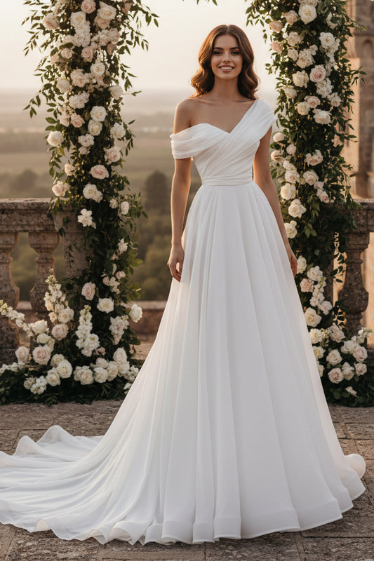 LW015 - A line One Shoulder Organza Simple Wedding Dress with Court Train