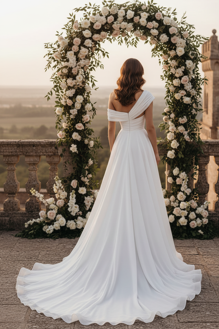 LW015 - A line One Shoulder Organza Simple Wedding Dress with Court Train