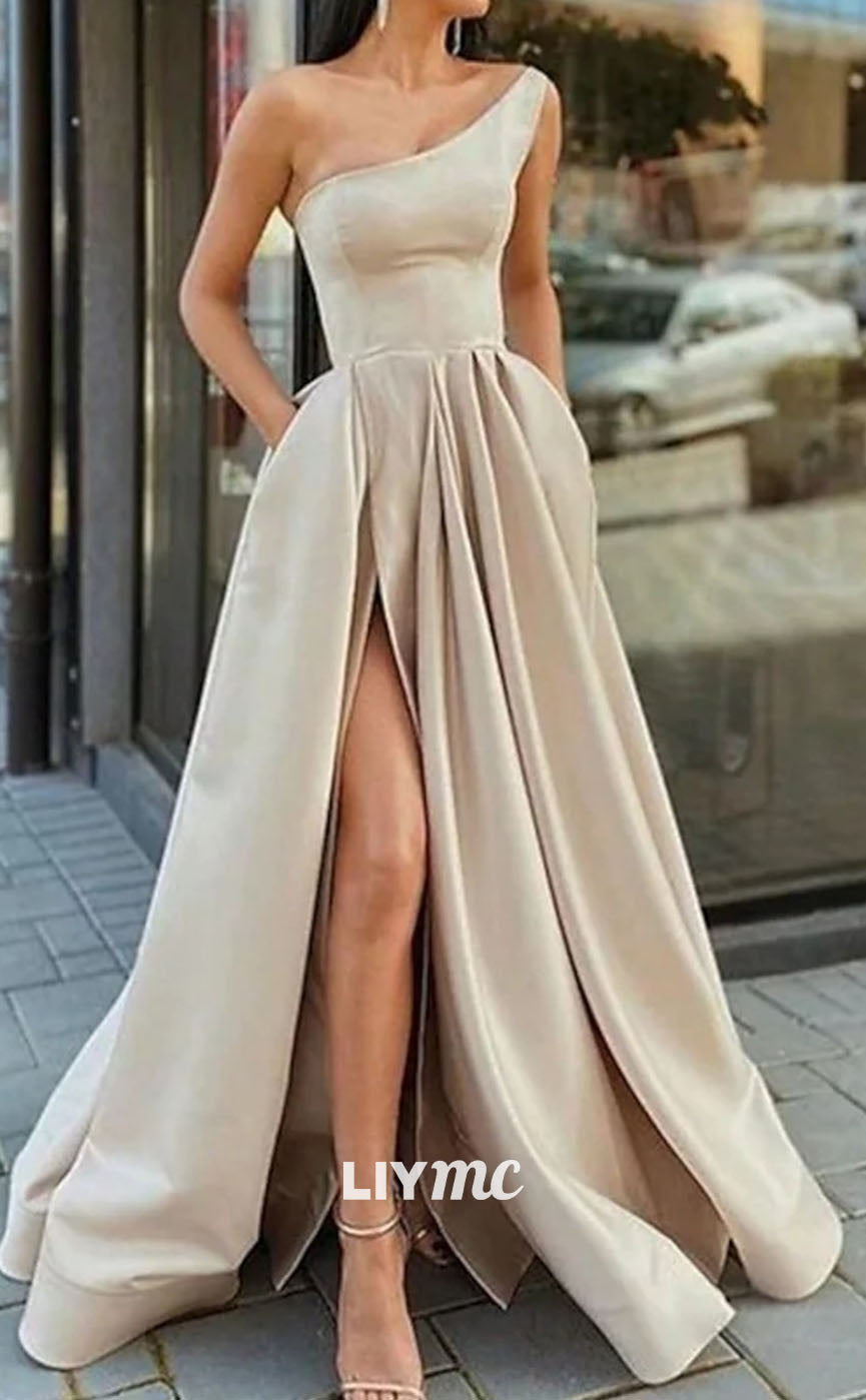 LP1110 - A Line One Shoulder Satin Elegant Long Formal Prom Dress with Pockets