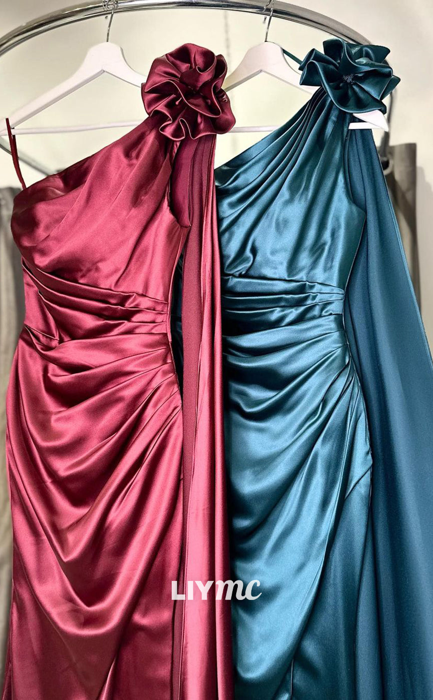 LP1048 - One Shoulder Satin Ruched Mermiad Formal Prom Dress with Slit