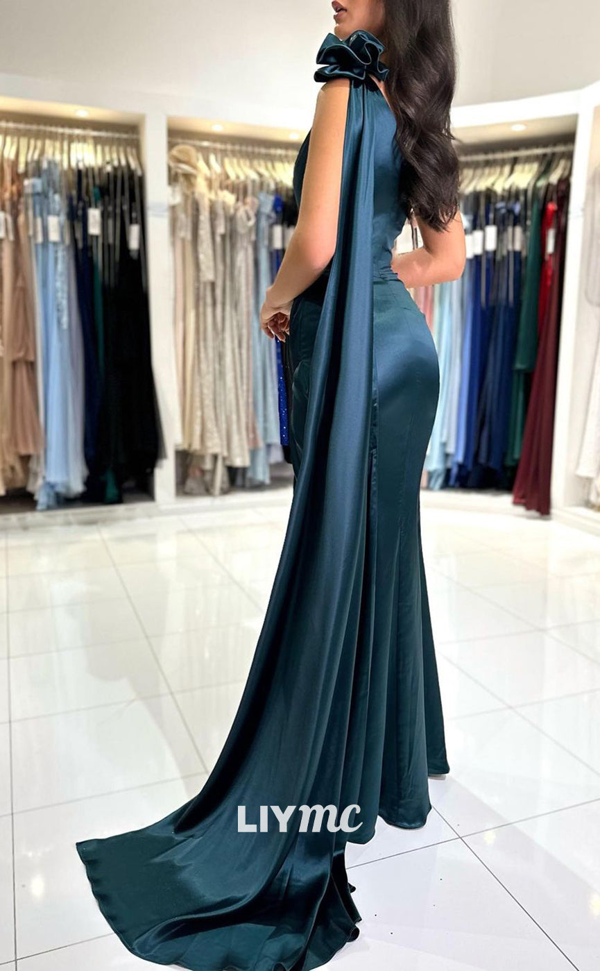 LP1048 - One Shoulder Satin Ruched Mermiad Formal Prom Dress with Slit