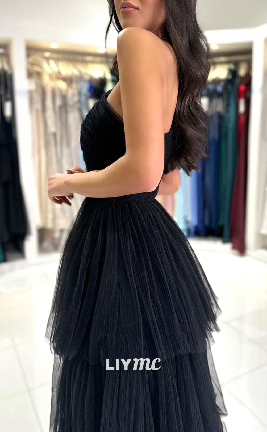 LP1049 - A Line One Shoulder Tulle Draped Black Formal Prom Dress