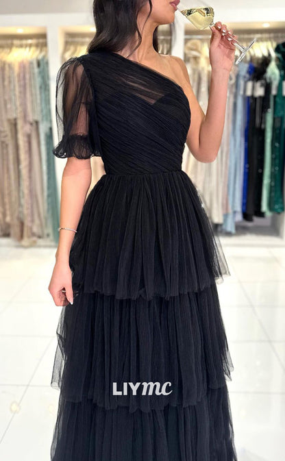 LP1049 - A Line One Shoulder Tulle Draped Black Formal Prom Dress