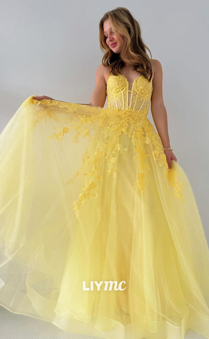 LP1030 - A Line Plunging Illusion V Neck Lace Appliques Yellow Formal Prom Dress