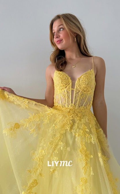 LP1030 - A Line Plunging Illusion V Neck Lace Appliques Yellow Formal Prom Dress