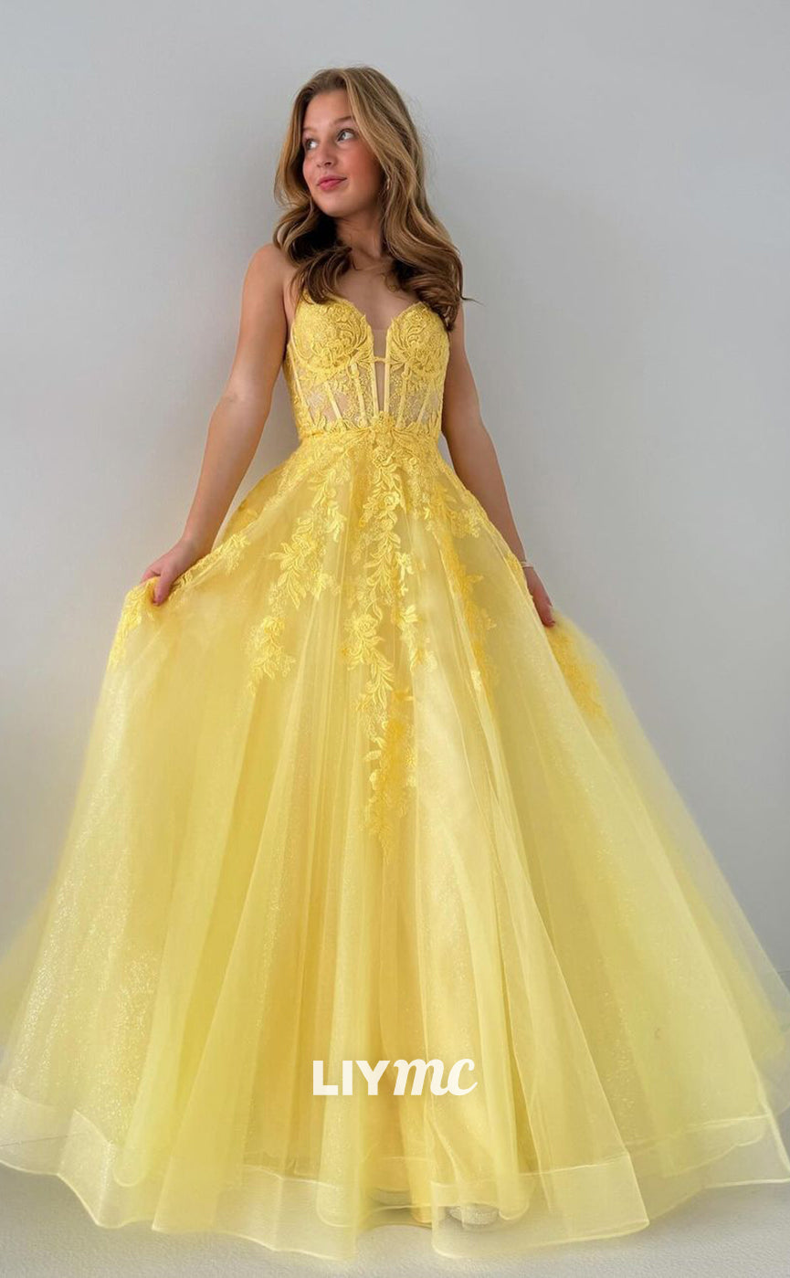 LP1030 - A Line Plunging Illusion V Neck Lace Appliques Yellow Formal Prom Dress