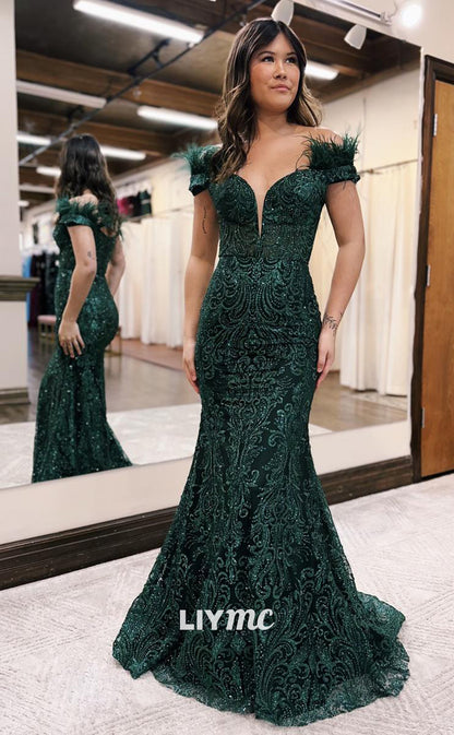 LP923 - Plunging V neck Feathers Lace Mermaid Formal Prom Dress