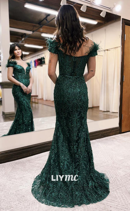 LP923 - Plunging V neck Feathers Lace Mermaid Formal Prom Dress