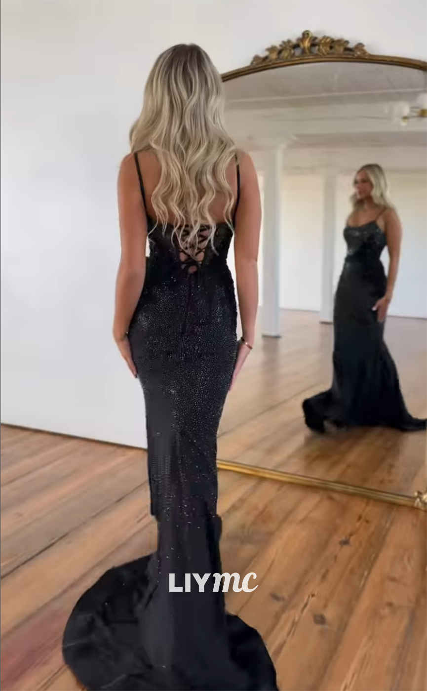 LP1179 - Spaghetti Straps Scoop Beads Black Mermaid Formal Prom Dress