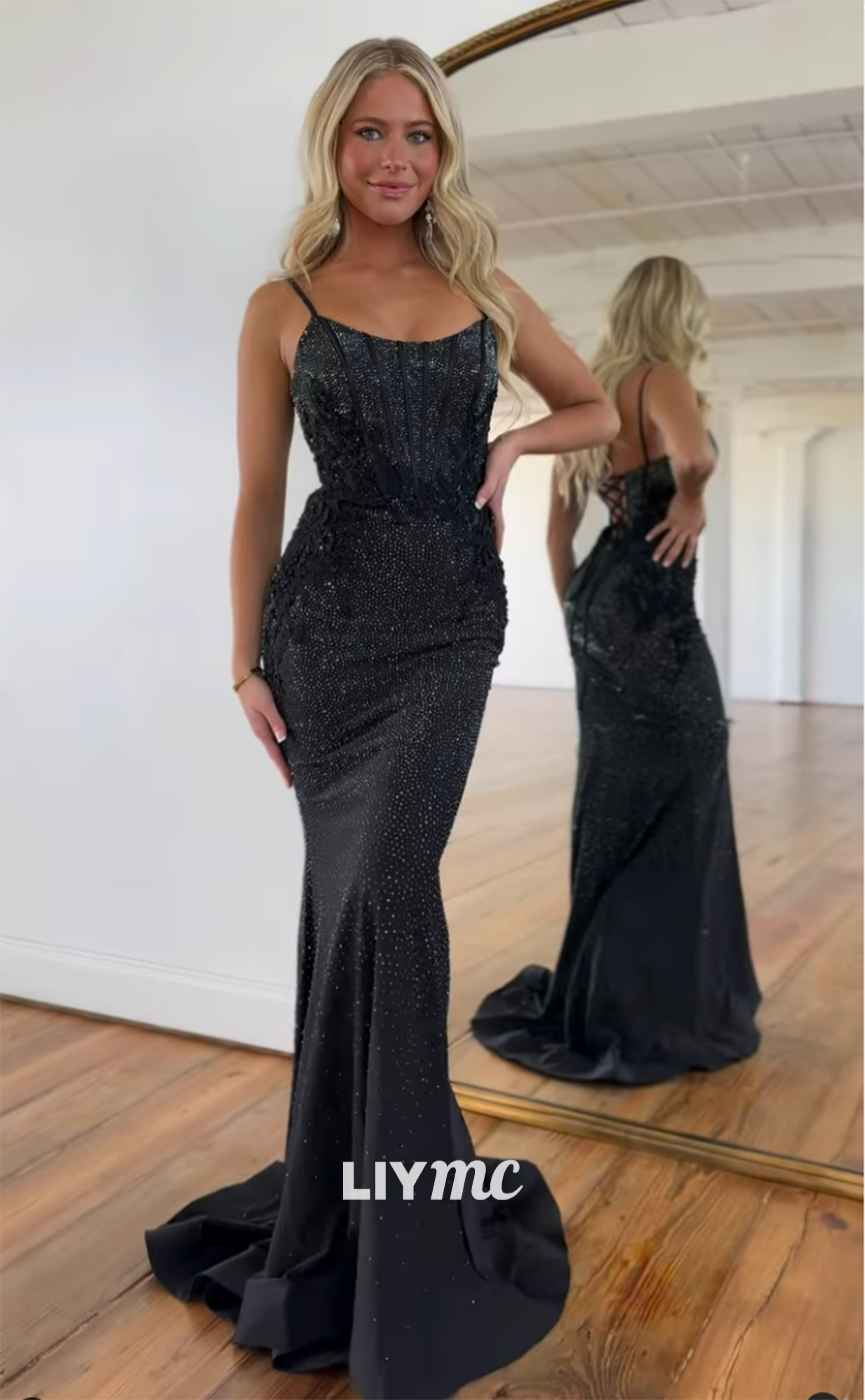 LP1179 - Spaghetti Straps Scoop Beads Black Mermaid Formal Prom Dress