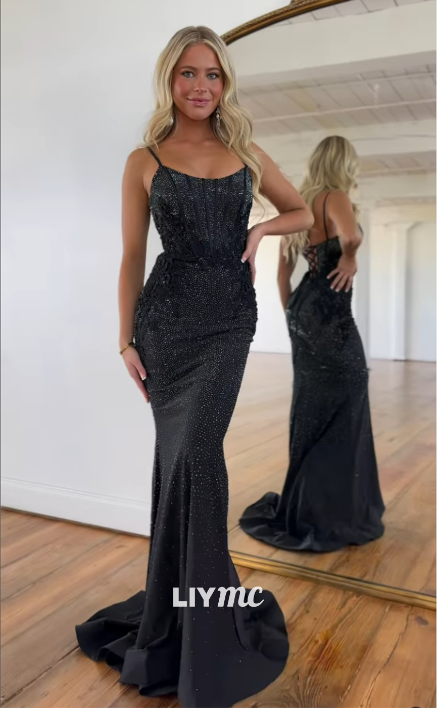 LP1179 - Spaghetti Straps Scoop Beads Black Mermaid Formal Prom Dress