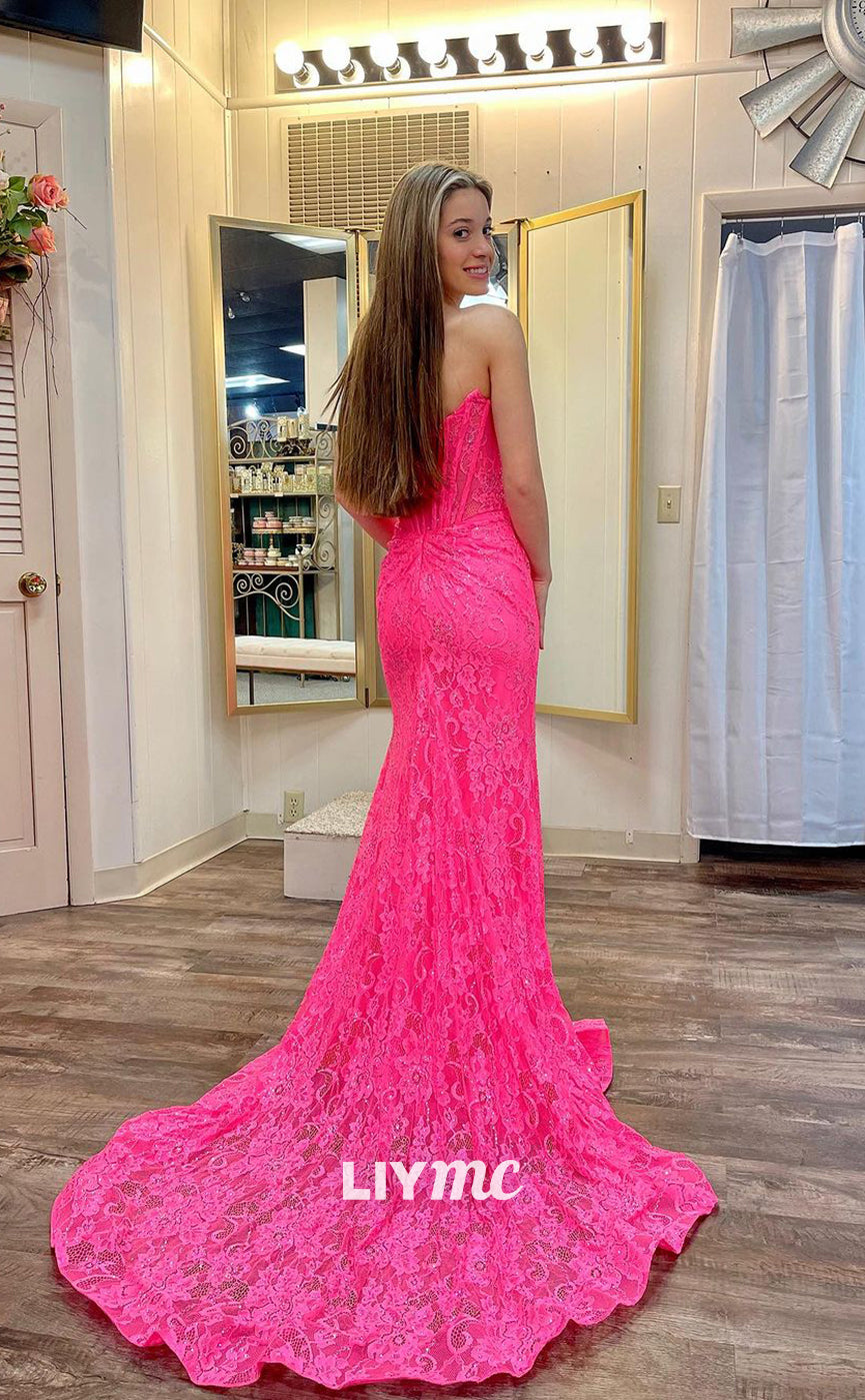 LP1181 - Strapless Lace Draped Pink Mermaid Long Formal Prom Dress with Slit