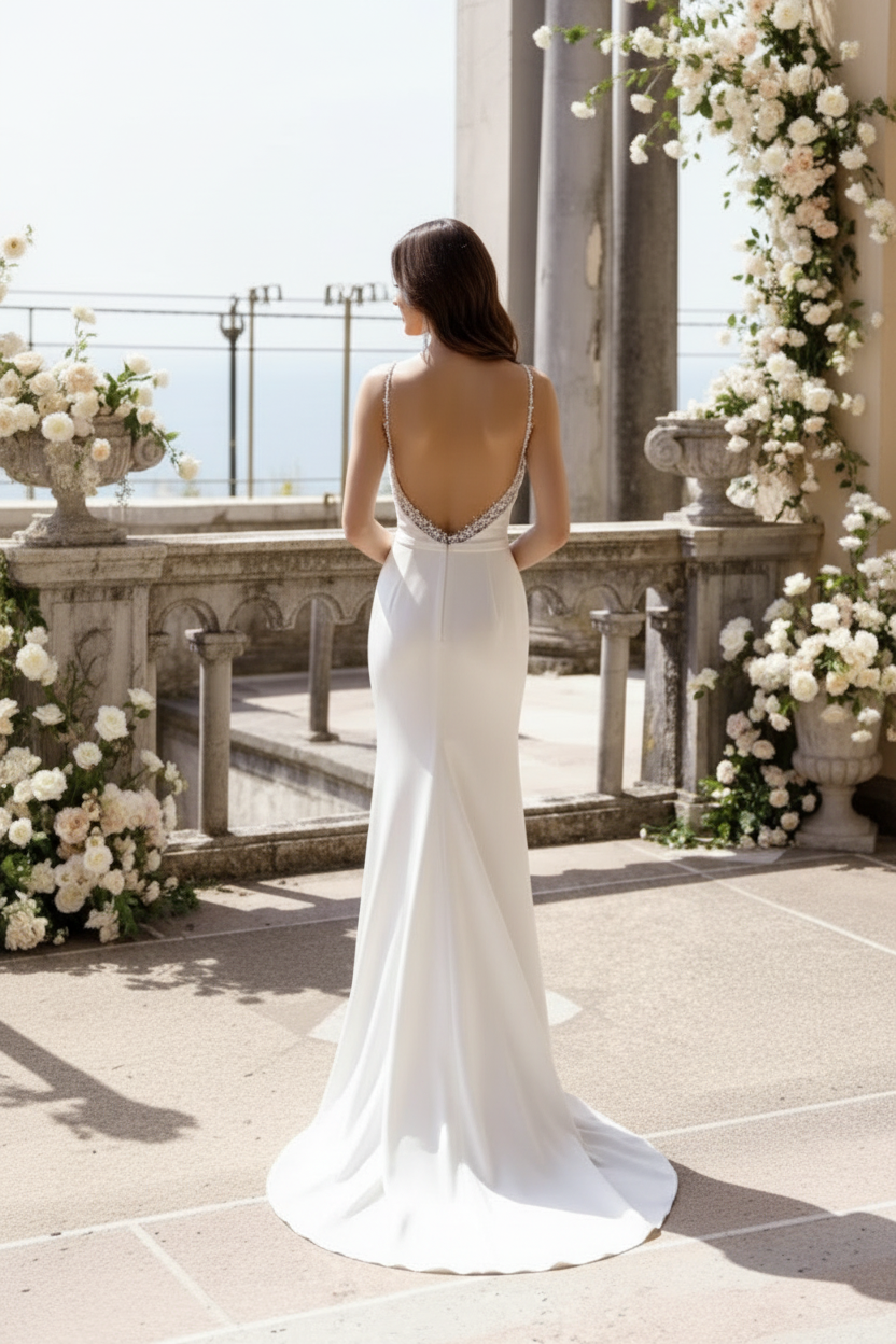 LW016 - Illusion Neckline Beads Satin Mermaid Wedding Dress