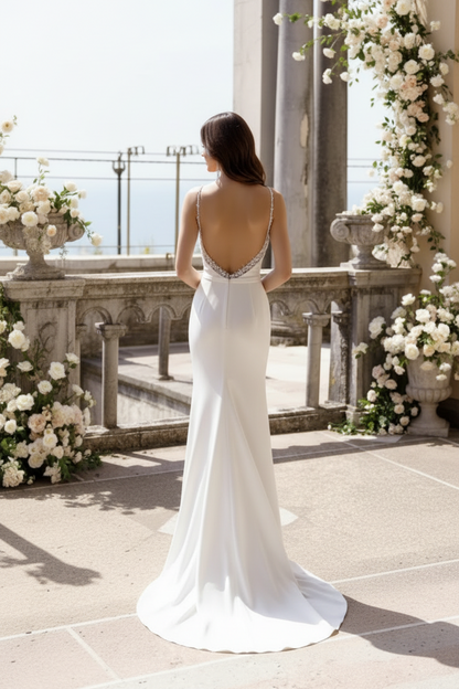 LW016 - Illusion Neckline Beads Satin Mermaid Wedding Dress