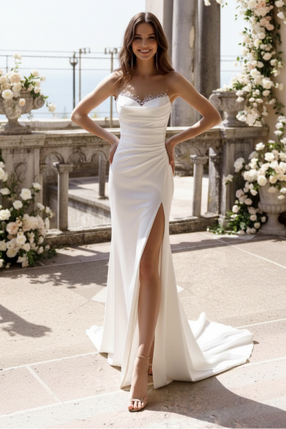 LW016 - Illusion Neckline Beads Satin Mermaid Wedding Dress