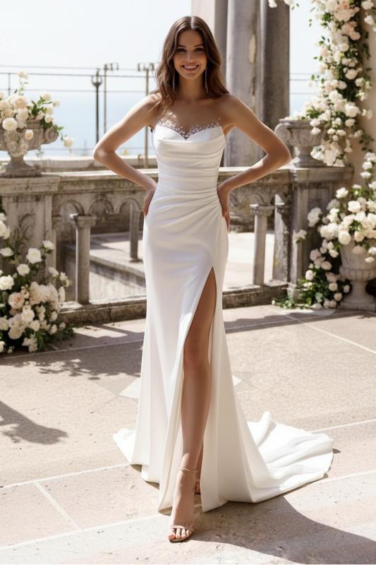 LW016 - Illusion Neckline Beads Satin Mermaid Wedding Dress