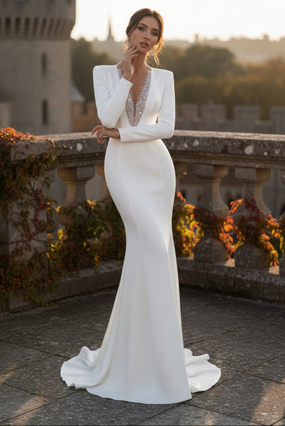 LW018 - Illusion V neck Beads Long Sleeves Mermaid Wedding Dress