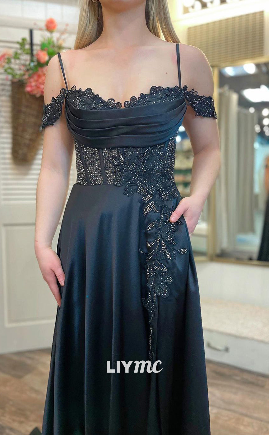 LP182 - A Line Scoop Lace Appliques Black Semi Formal Prom Dress with Pockets