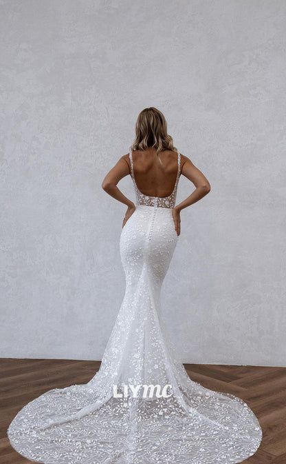 LW203 - Mermaid/Trumpet Square Neck Backless Sheer Lace Long Wedding Dress