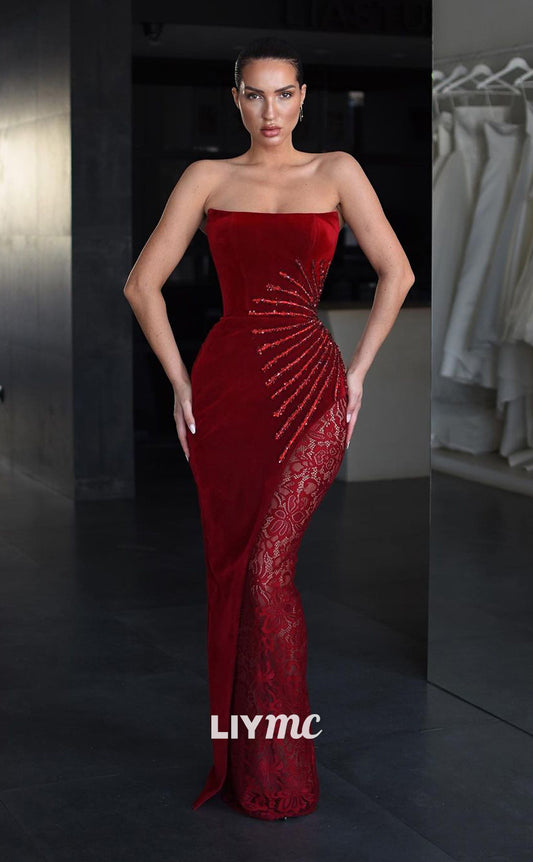 LP1087 - Strapless Velvet Beads Burgundy Long Formal Prom Dress