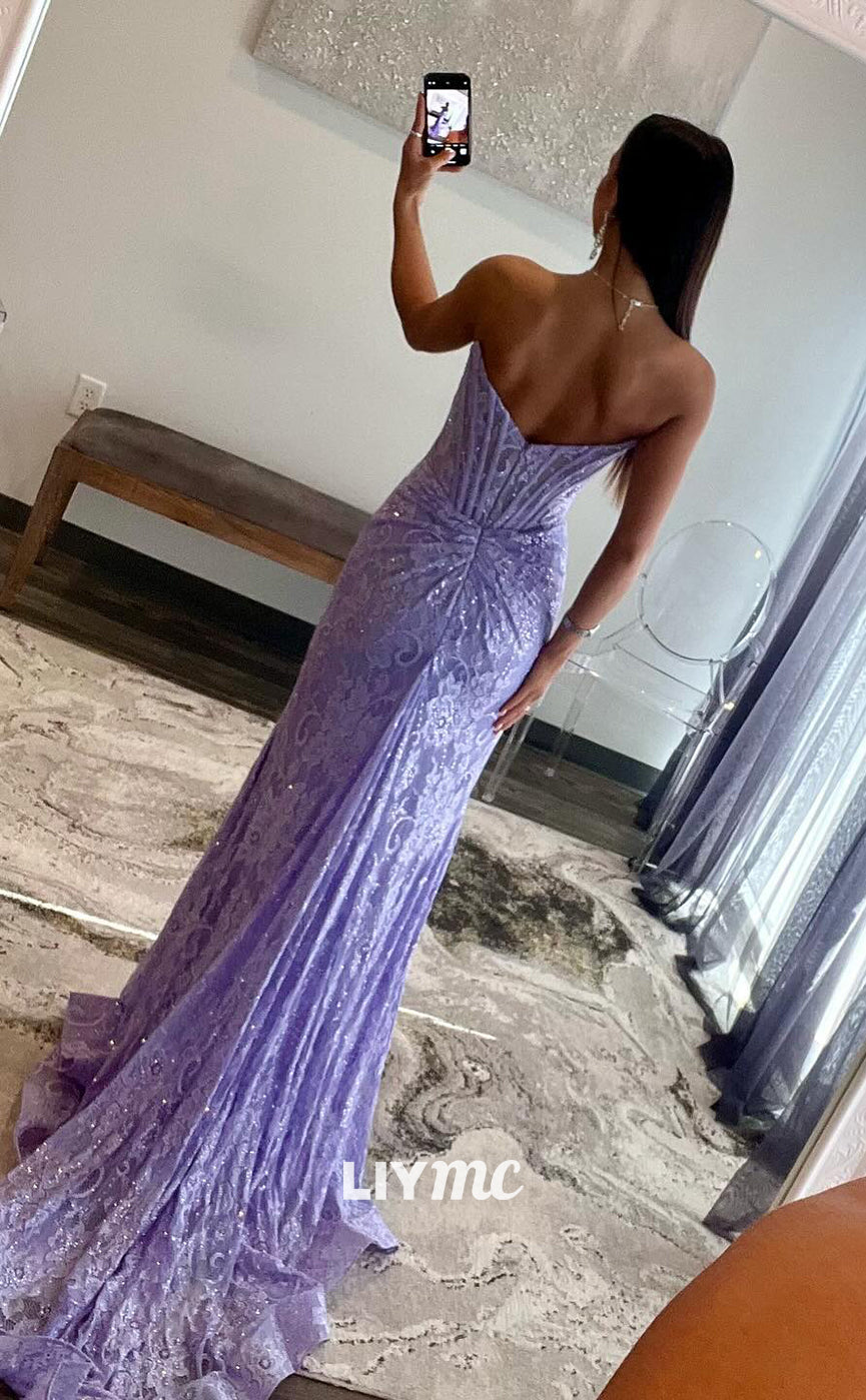 LP982 - Strapless Lace Ruched Mermaid Long Formal Prom Dress with Slit