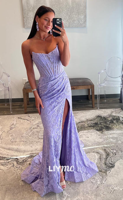 LP982 - Strapless Lace Ruched Mermaid Long Formal Prom Dress with Slit