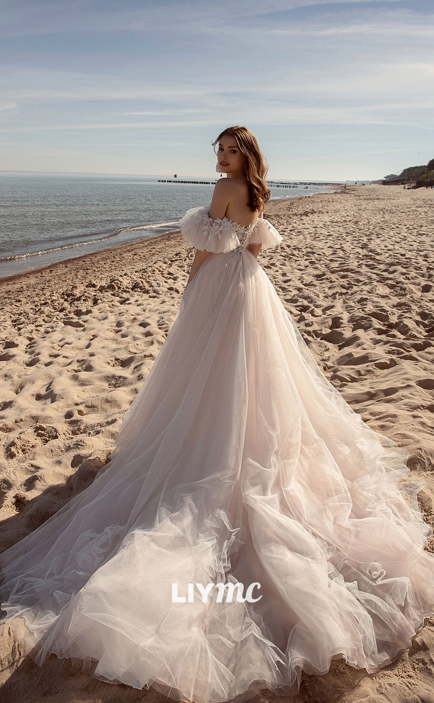 LW215 - Off Shoulder Lace Pleated Tulle A Line Long Wedding Gown With Train