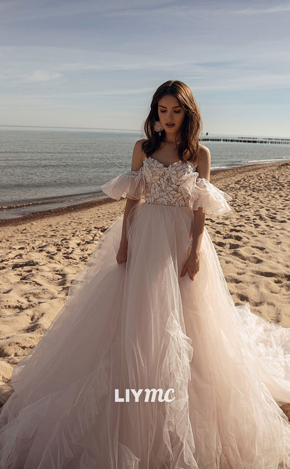 LW215 - Off Shoulder Lace Pleated Tulle A Line Long Wedding Gown With Train