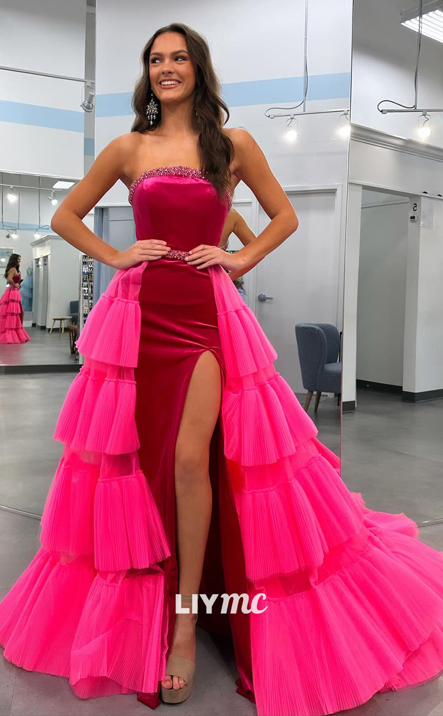 LP845 - Strapless Beads Overskirt Long Pink Formal Prom Dress with Slit