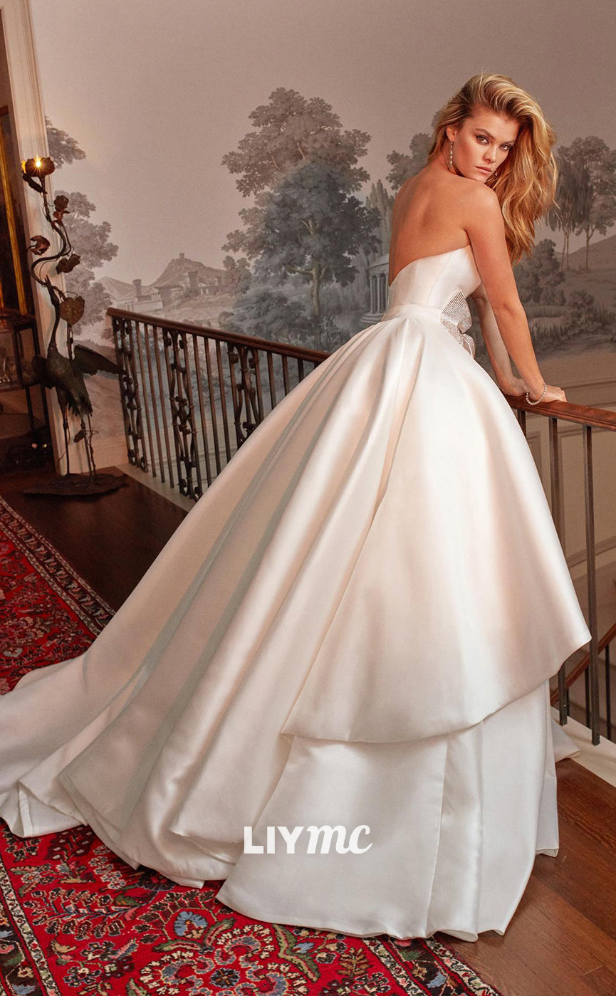 LW255 - Romantic Strapless Tiered Satin A Line Long Wedding Dress With Bow