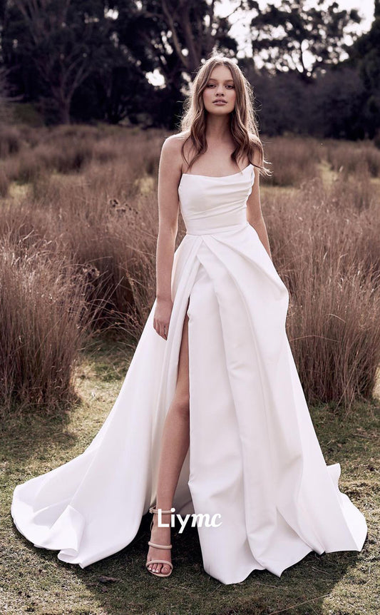 LW029 - A line Strapless Satin Wedding Dress with Slit