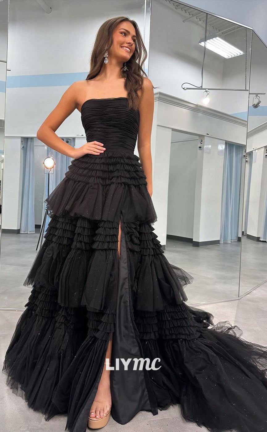 LP855 - A Line Strapless Tulle Draped Black Long Formal Prom Dress