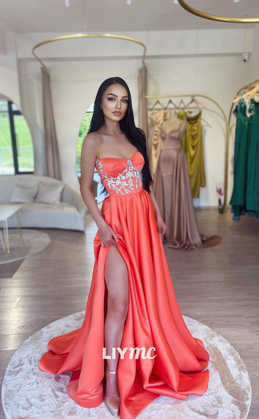 LP871 - A Line Sweetheart Beads Satin Elegant Long Formal Prom Dress