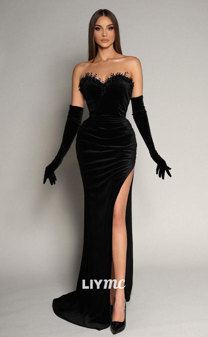 LP791 - Sweetheart Beads Black Velvet Mermaid Long Formal Prom Dress with Slit