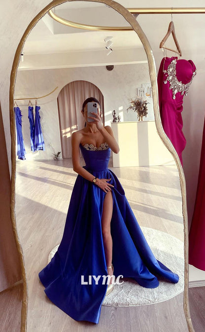 LP921 - A Line Sweetheart Satin Beads Side Slit Long Prom Formal Dress