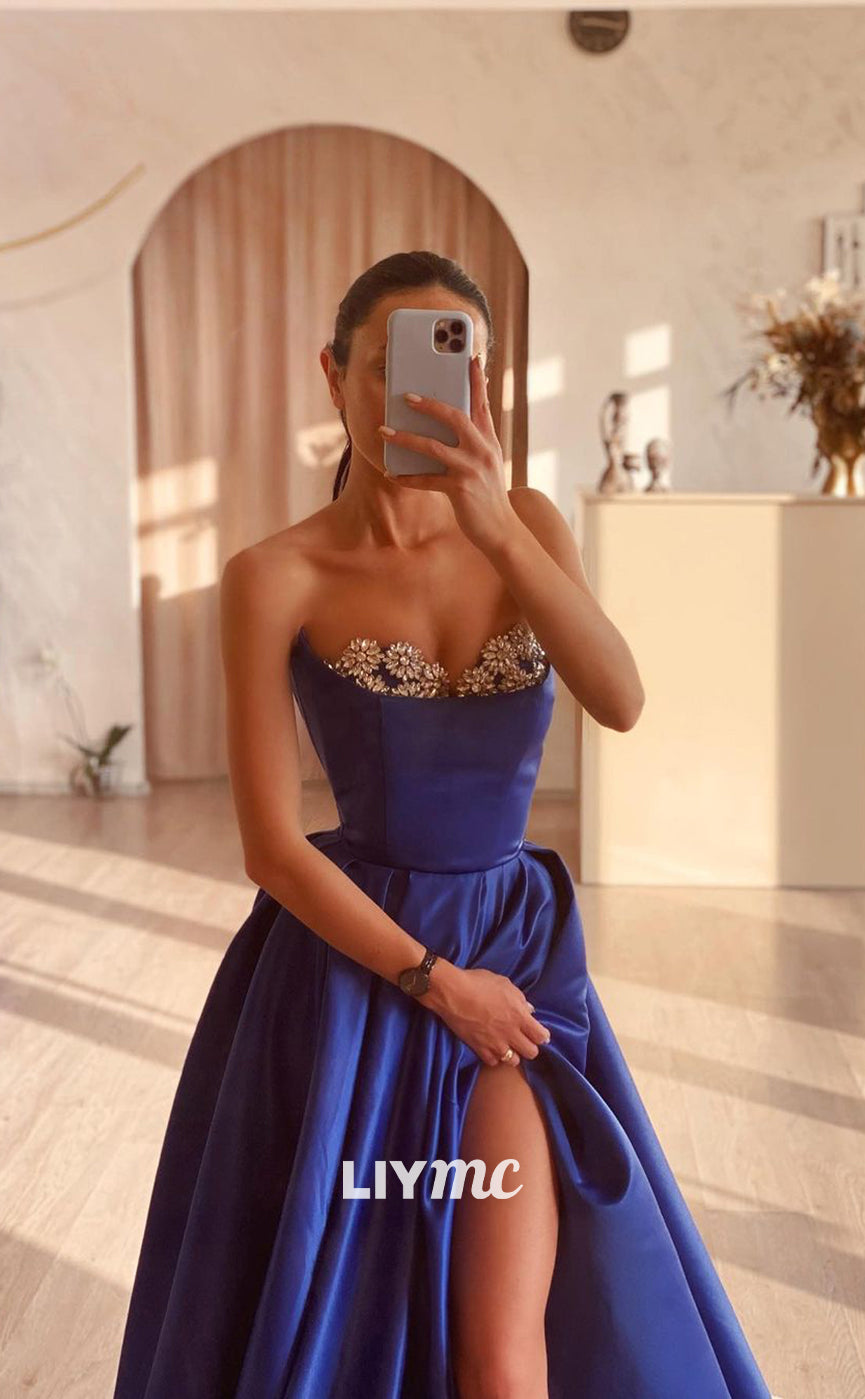 LP921 - A Line Sweetheart Satin Beads Side Slit Long Prom Formal Dress