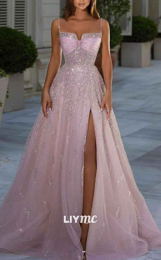 LP1099 - A Line Spaghetti Straps Side Slit Pink Long Formal Prom Dress