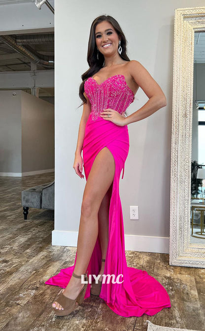 LP1089 - Sweetheart Beads Satin Ruched Mermaid Formal Prom Dress with Slit