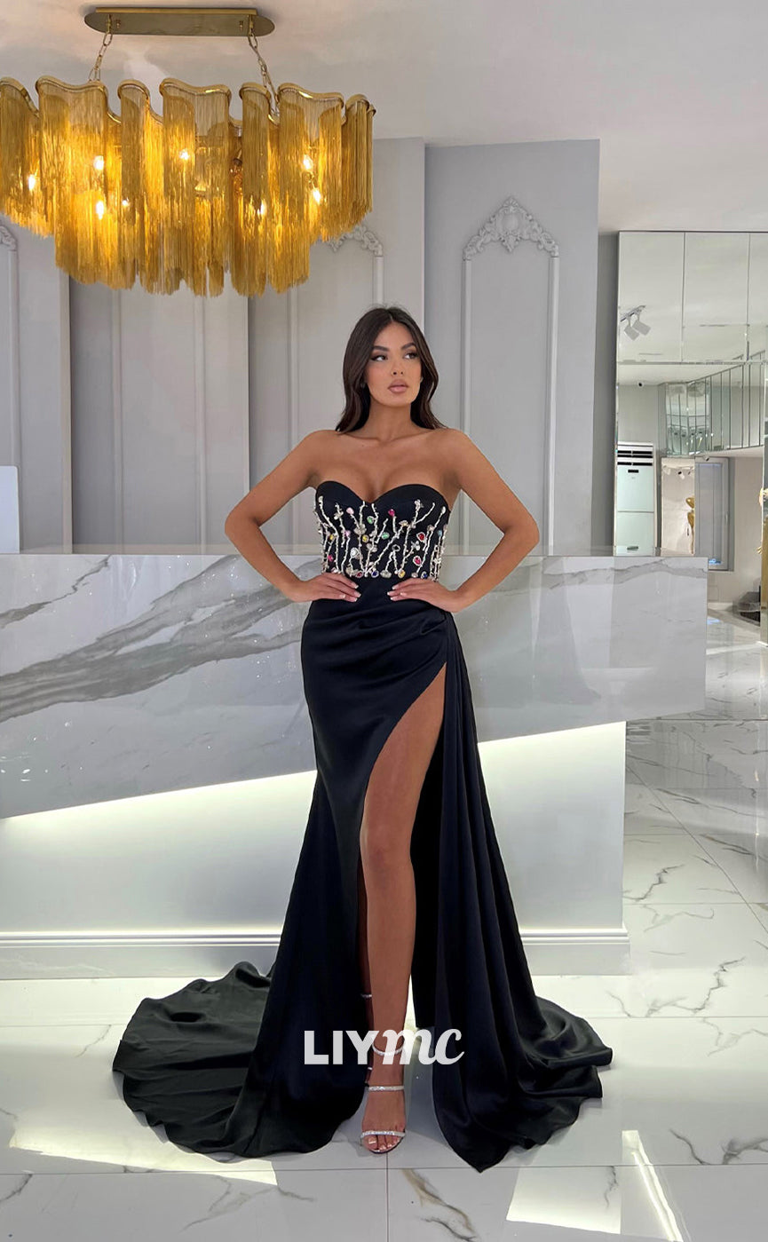 LP978 - Sweetheart Beads Ruched Mermaid Long Formal Prom Dress with Slit