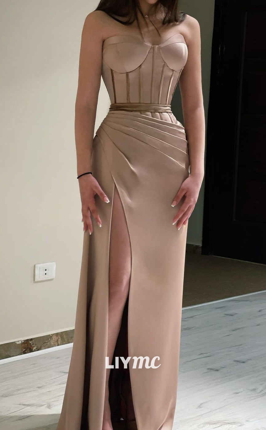 LP807 - Sheath/Column Satin Draped Long Formal Prom Dress with Slit