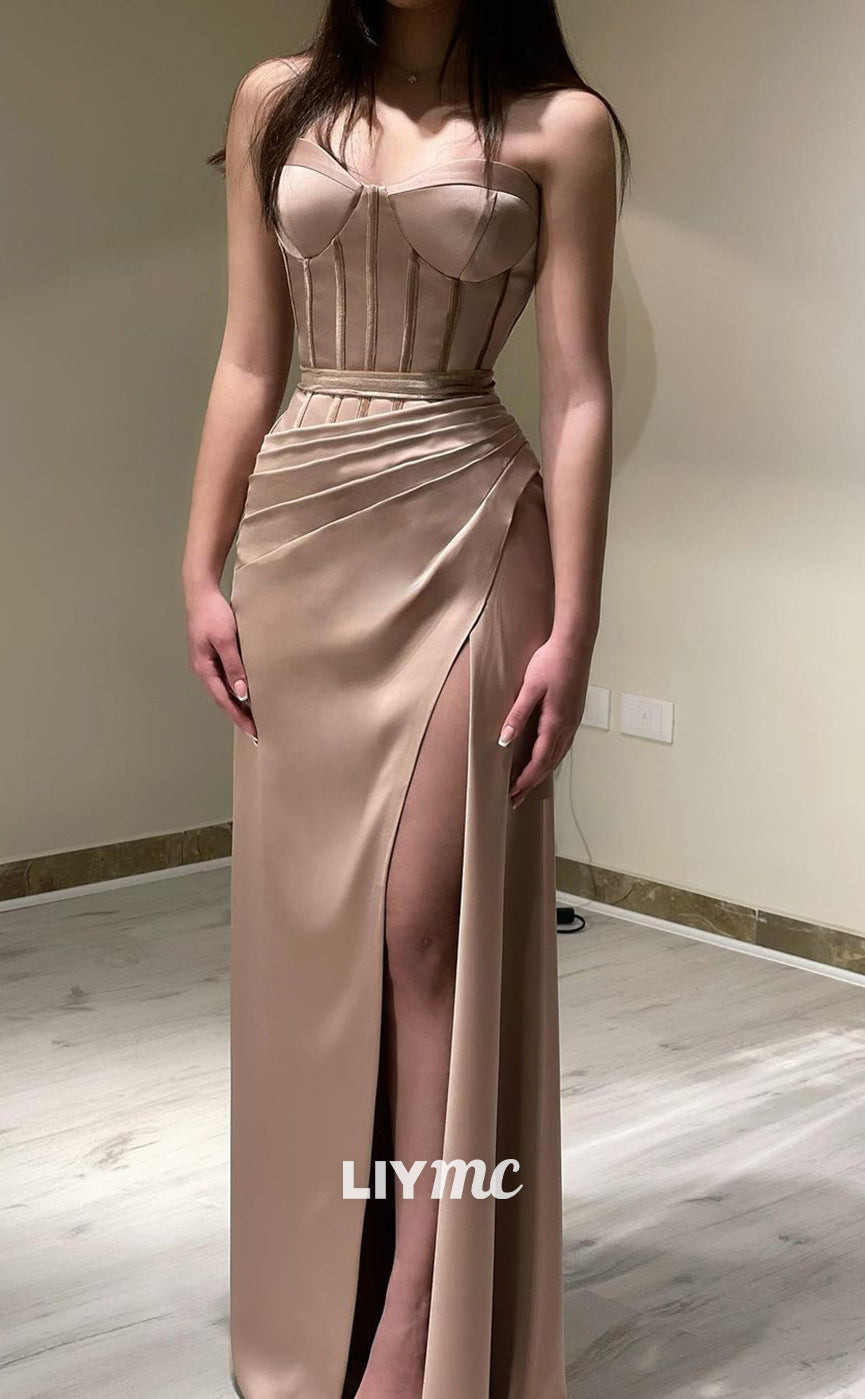 LP807 - Sheath/Column Satin Draped Long Formal Prom Dress with Slit