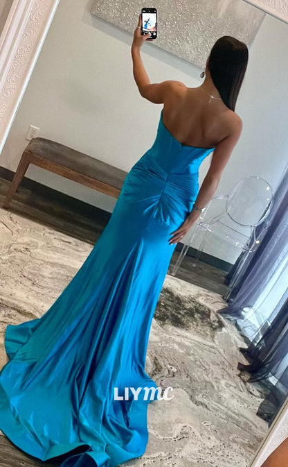 LP905 - Sweetheart Satin Drapped Mermaid Long Blue Prom Dress with Slit