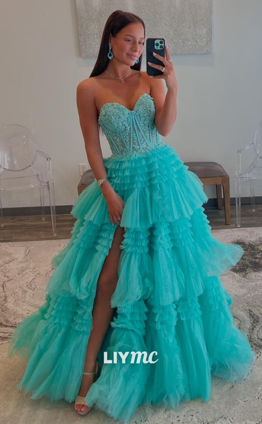 LP816 - A Line Sweetheart Lace Appliques Long Formal Prom Dress with Slit